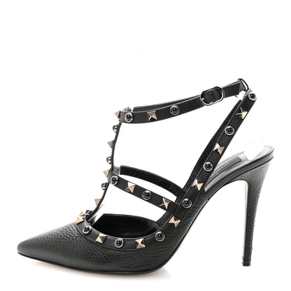 Valentino Garavani Pebbled Calfskin Onyx Rockstud Rolling Ankle Strap 100mm Pumps 39.5 Black 1 of 10