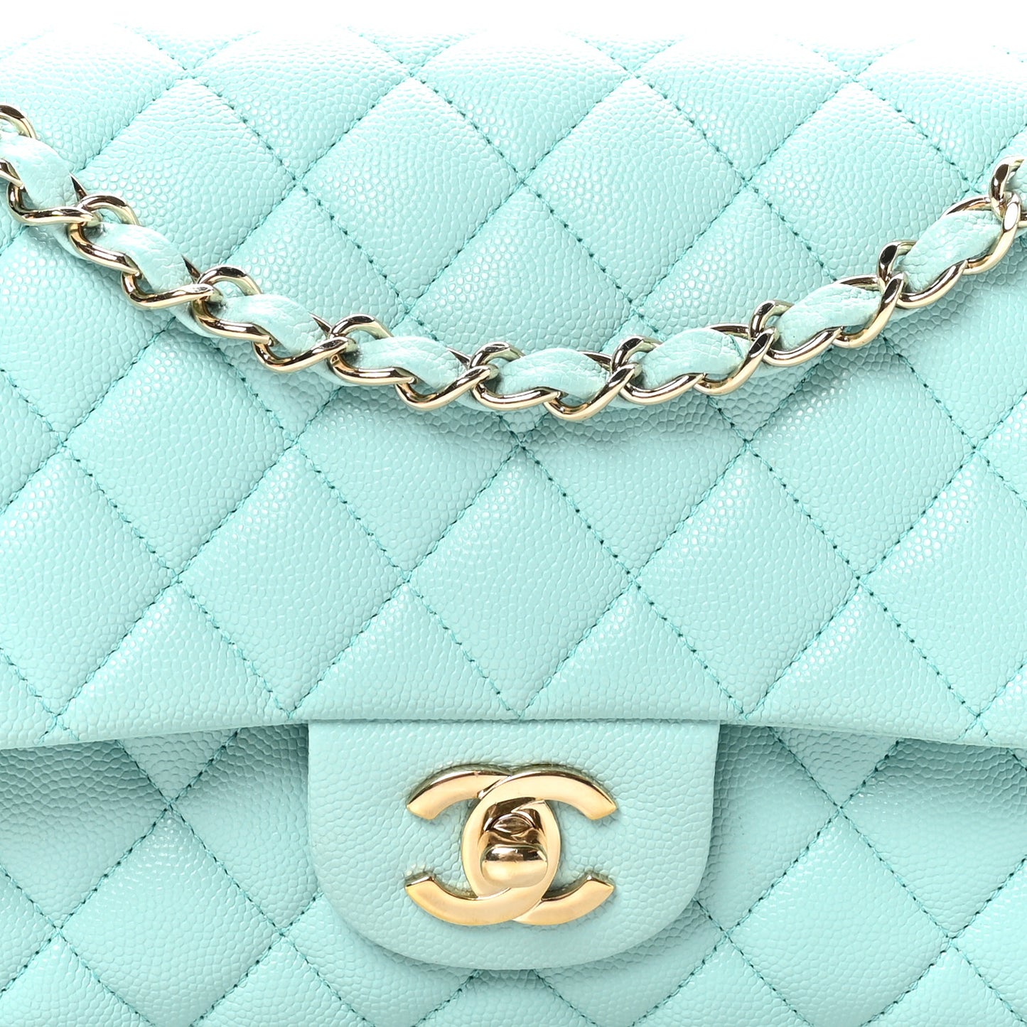Caviar Quilted Medium Double Flap Light Blue