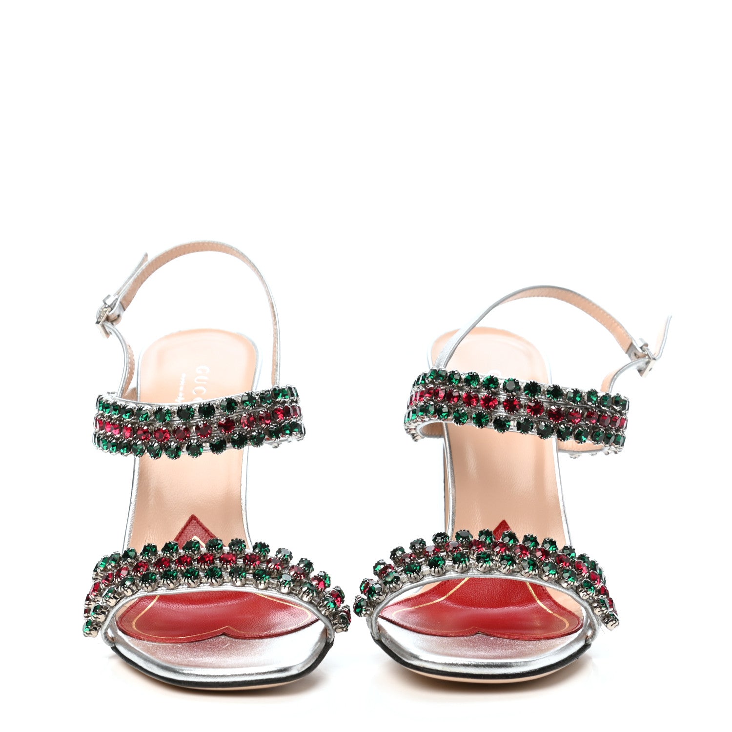 Gucci Nappa Silk Crystal Bertie High Heel Sandals 35.5 Argento 2 of 10