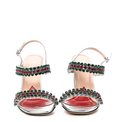 Gucci Nappa Silk Crystal Bertie High Heel Sandals 35.5 Argento 2 of 10
