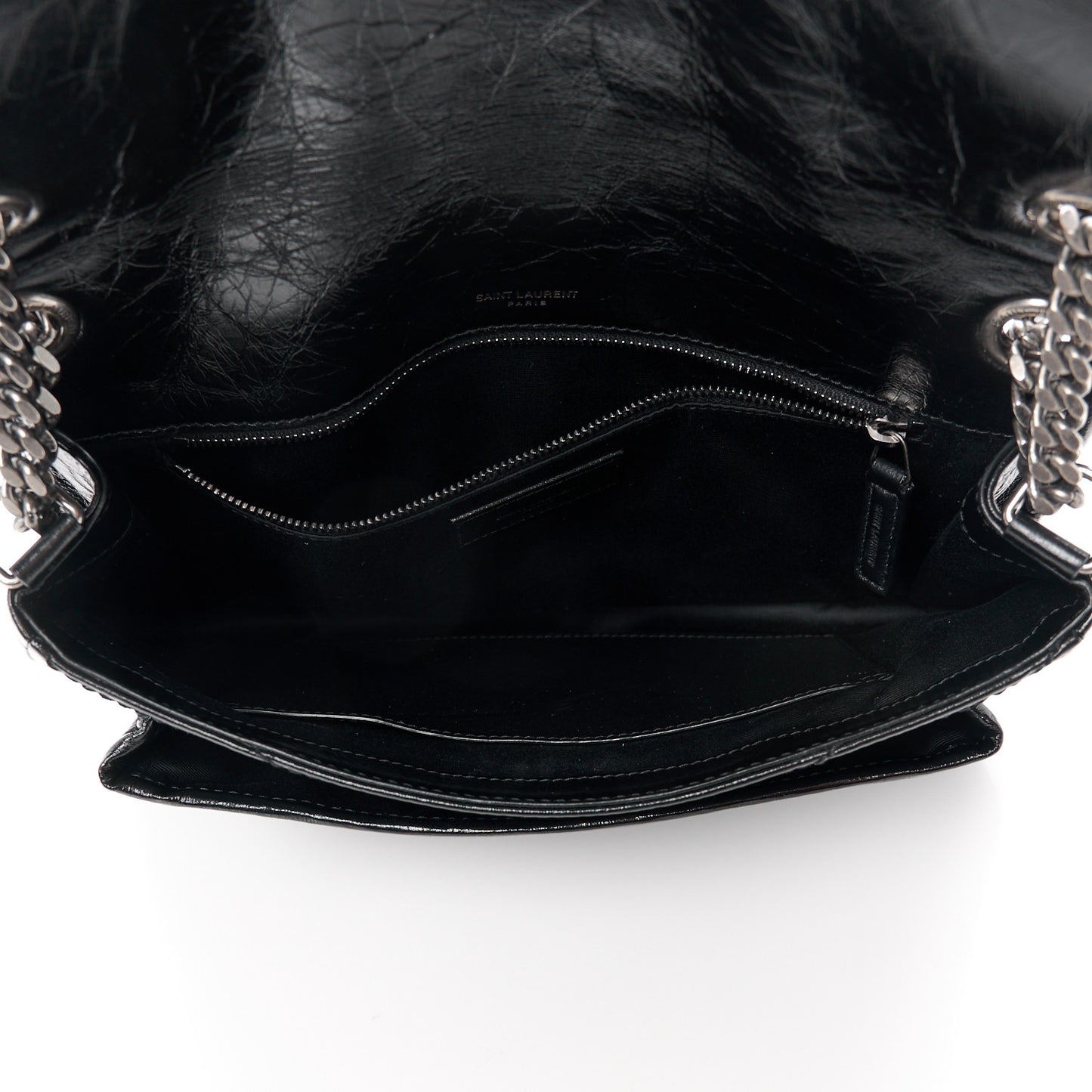 Crinkled Calfskin Matelasse Monogram Medium Niki Chain Satchel Black