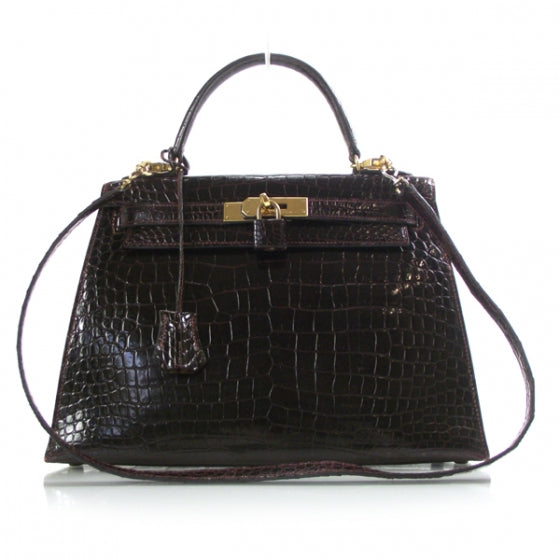 Hermes Vintage Porosus Crocodile Kelly 28 Bordeaux 1 of 11