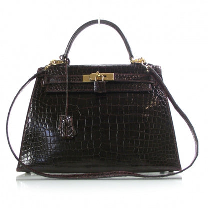 Hermes Vintage Porosus Crocodile Kelly 28 Bordeaux 1 of 11