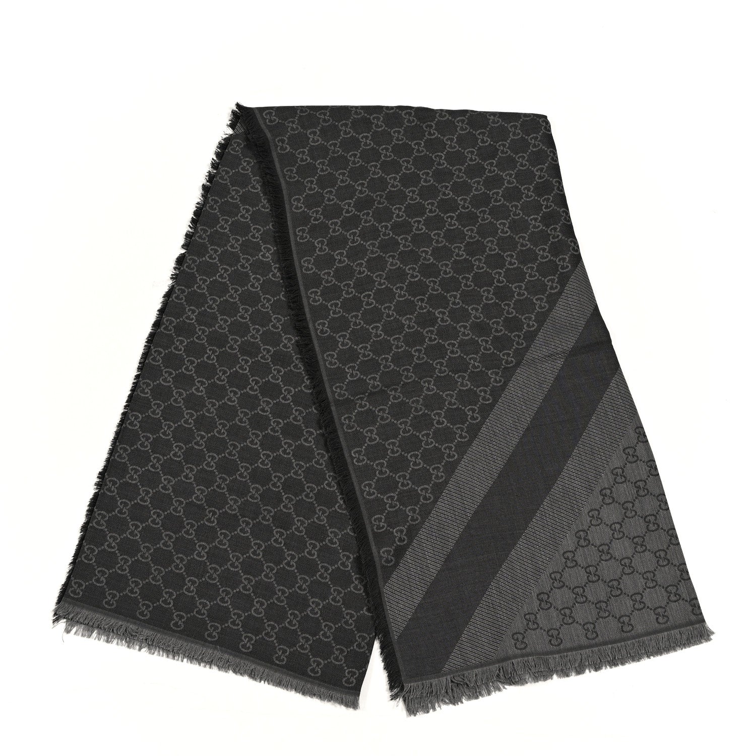 Gucci Wool Silk Monogram GGWeb Fringe Shawl Black Medium Grey 2 of 4