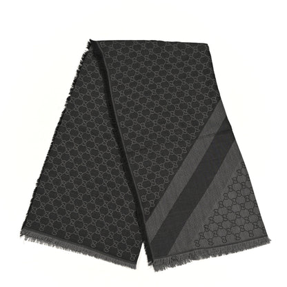 Gucci Wool Silk Monogram GGWeb Fringe Shawl Black Medium Grey 2 of 4