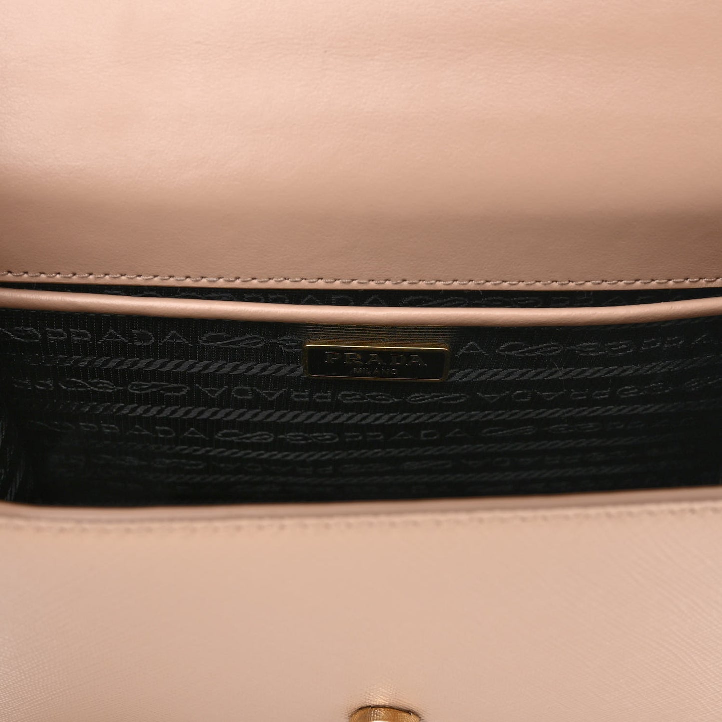 Saffiano Soft Calfskin Metal Triangle Logo Envelope Chain Shoulder Bag Cammeo