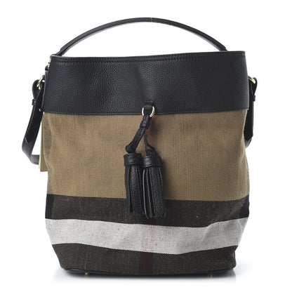 Burberry Grainy Calfskin Canvas Mega Check Medium Ashby Tassel Hobo Black 1 of 11