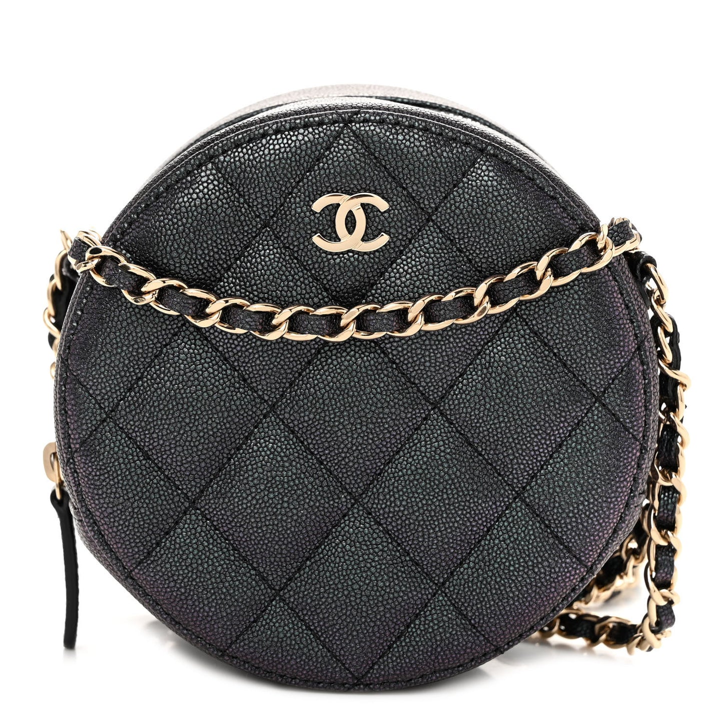 Iridescent Caviar Quilted Round Clutch With Chain Navy