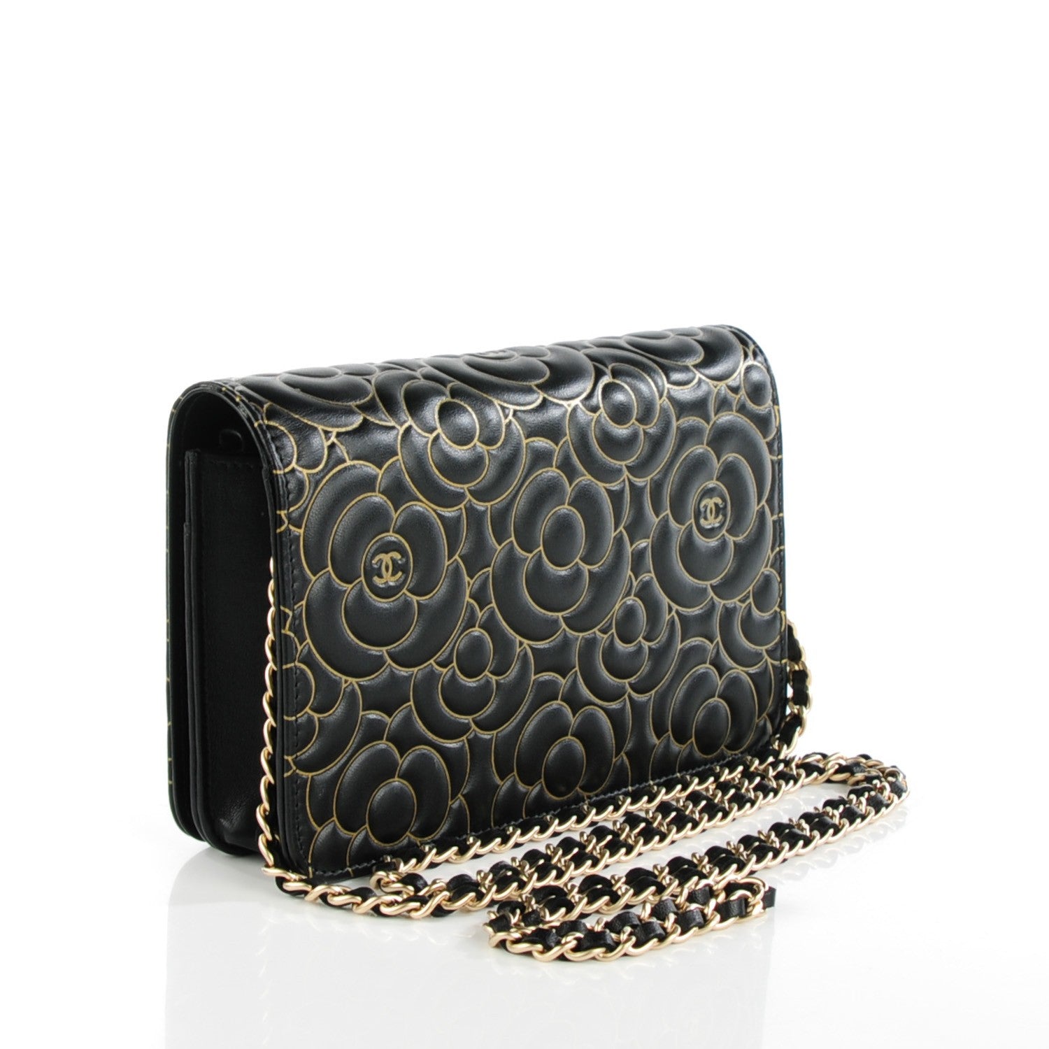Chanel Lambskin Camellia Embossed Wallet On Chain WOC Black Gold 3 of 8