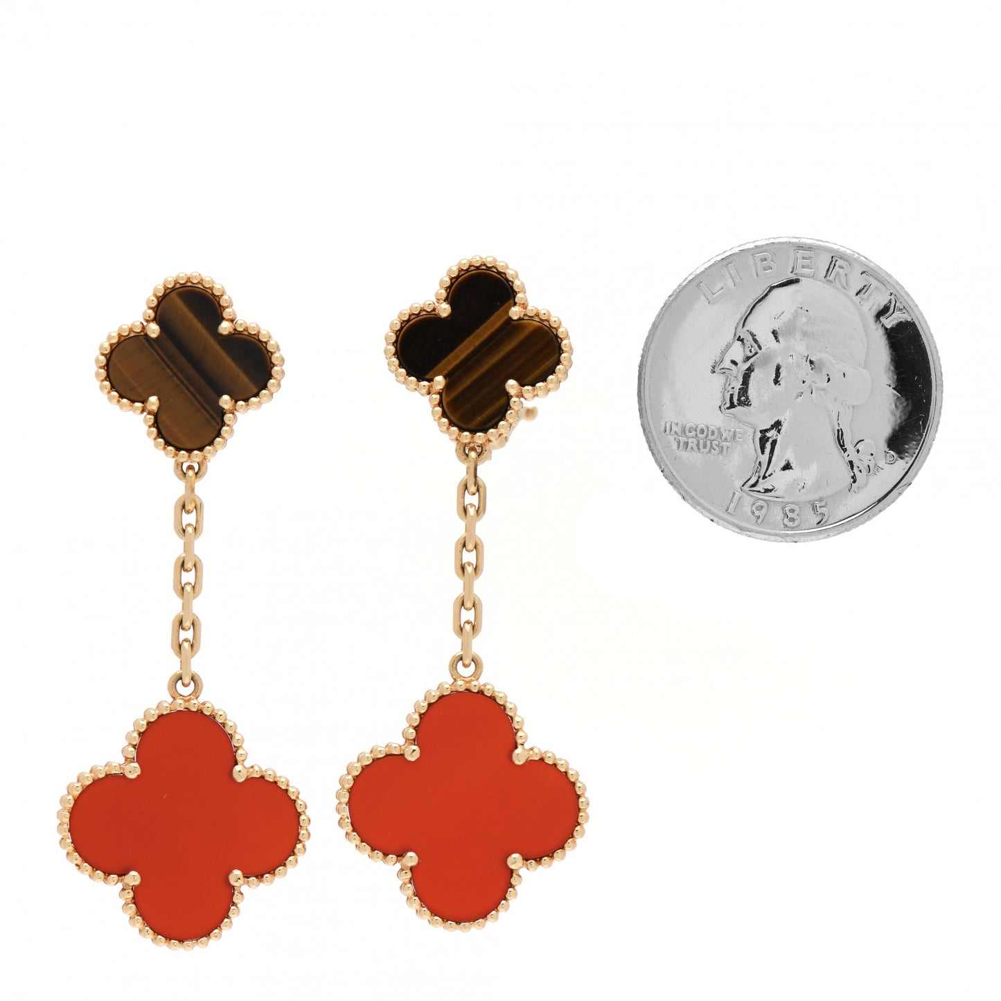 18K Yellow Gold Tiger Eye Carnelian 2 Motifs Magic Alhambra Earrings