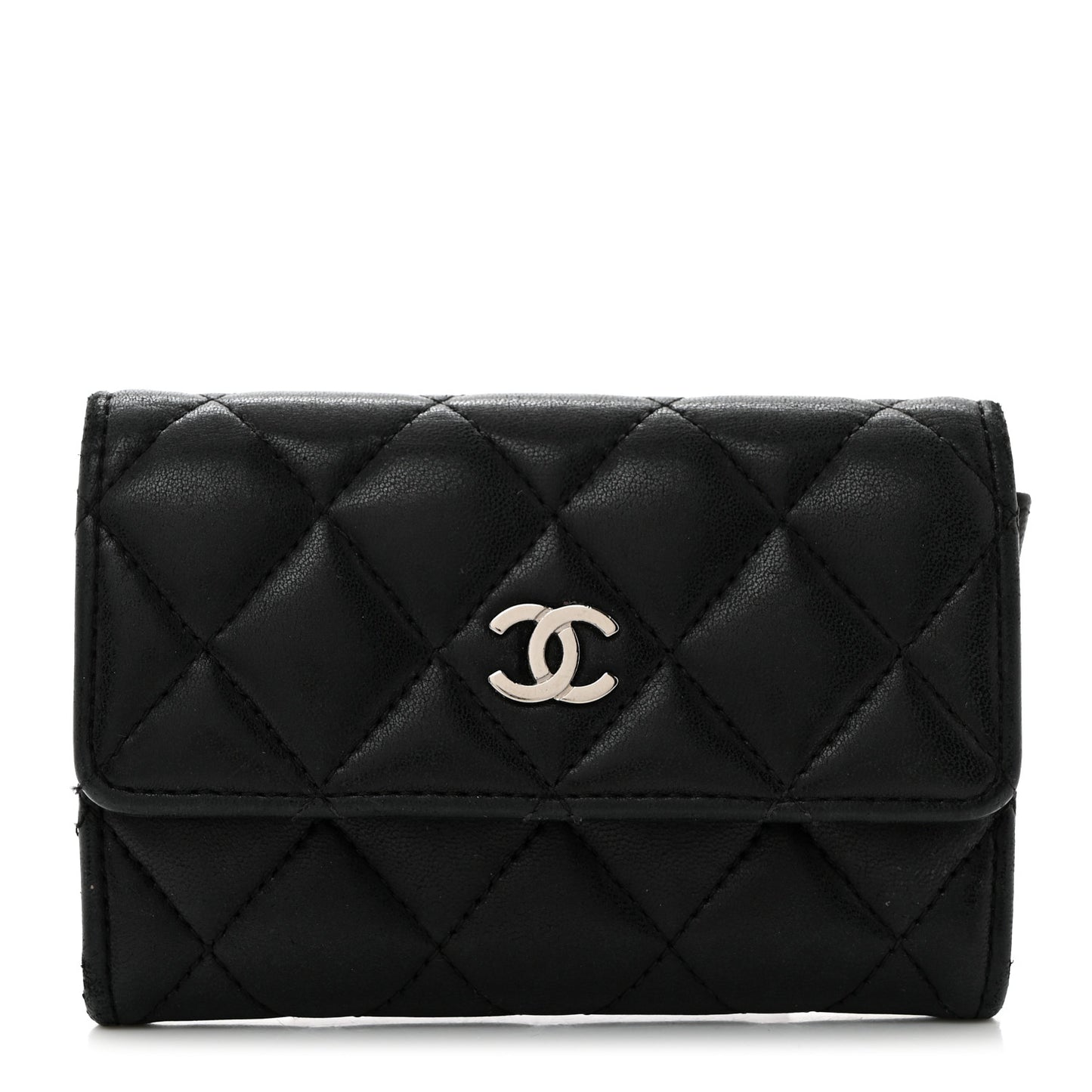 Lambskin Quilted Flap Card Holder Wallet Black