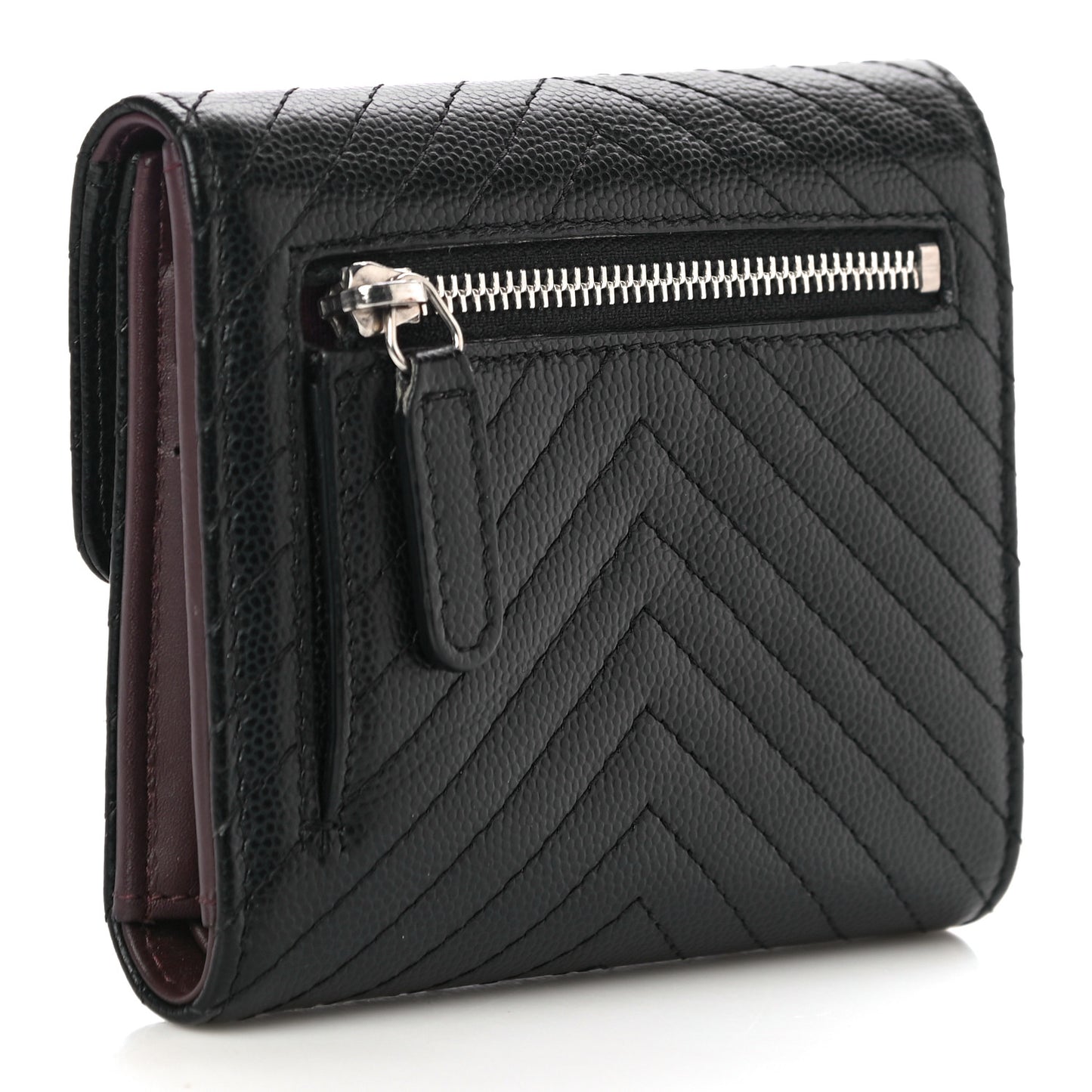 Caviar Chevron Quilted Compact Flap Wallet Black