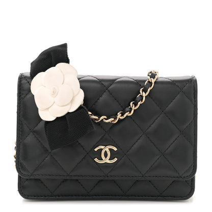 Chanel Lambskin Quilted Mini Camellia Bow Wallet On Chain WOC Black 1 of 11