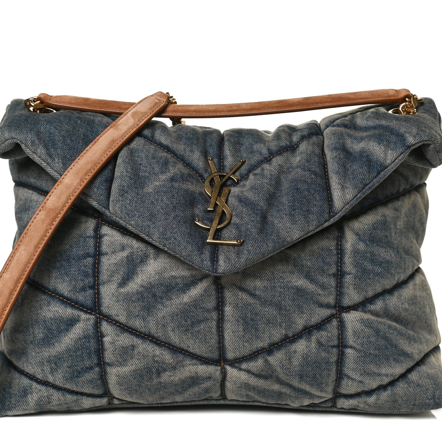 Denim Quilted Medium Loulou Puffer Monogram Chain Satchel Blue Cinnamon