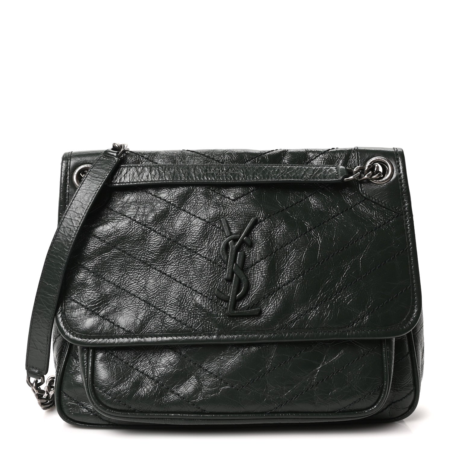 Saint Laurent Crinkled Calfskin Matelasse Monogram Medium Niki Chain Satchel Dark Green 1 of 10