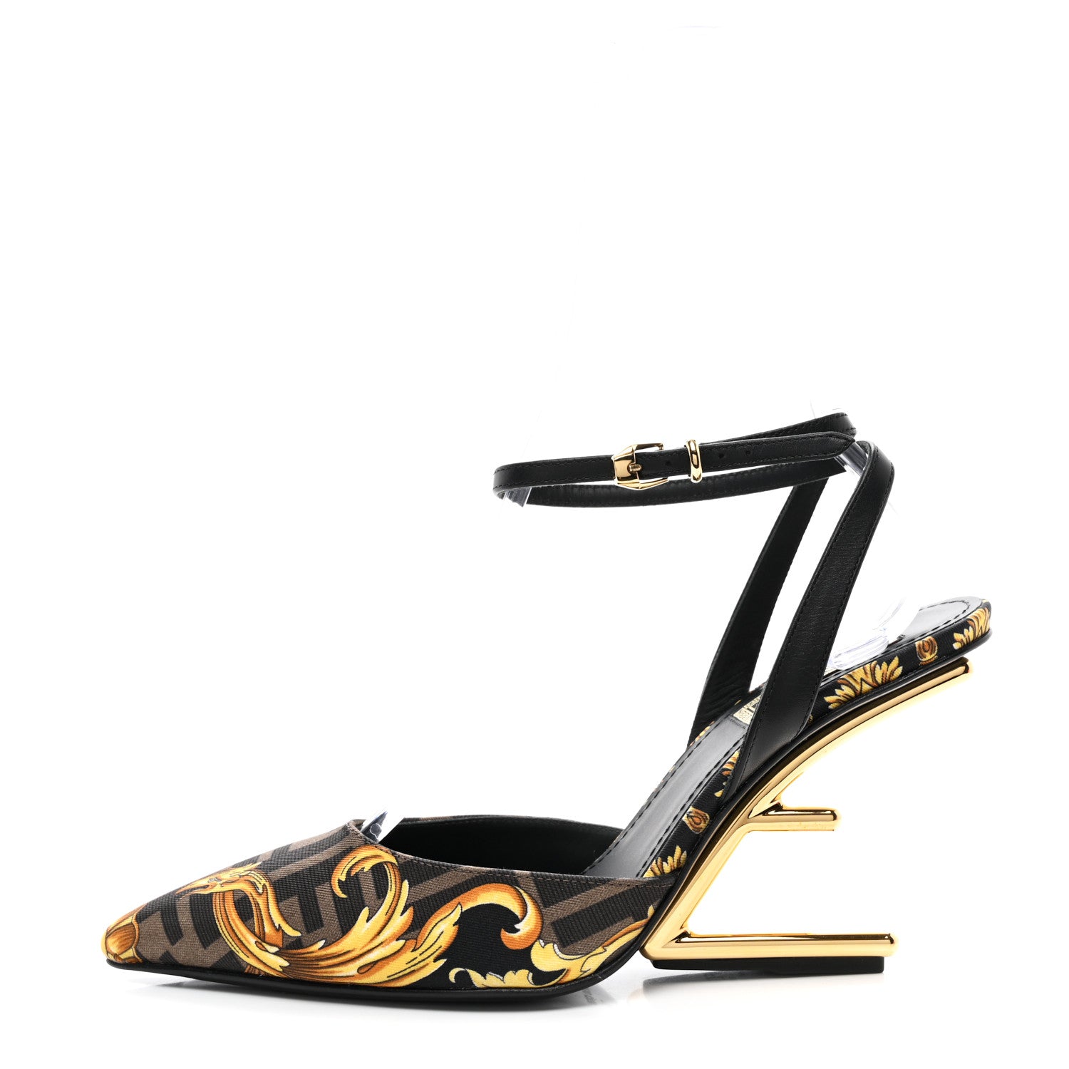 Fendi X VERSACE Silk Calfskin Fendace Fendi First 95mm Slingback Sandals 36 Tobacco Black Gold 1 of 9