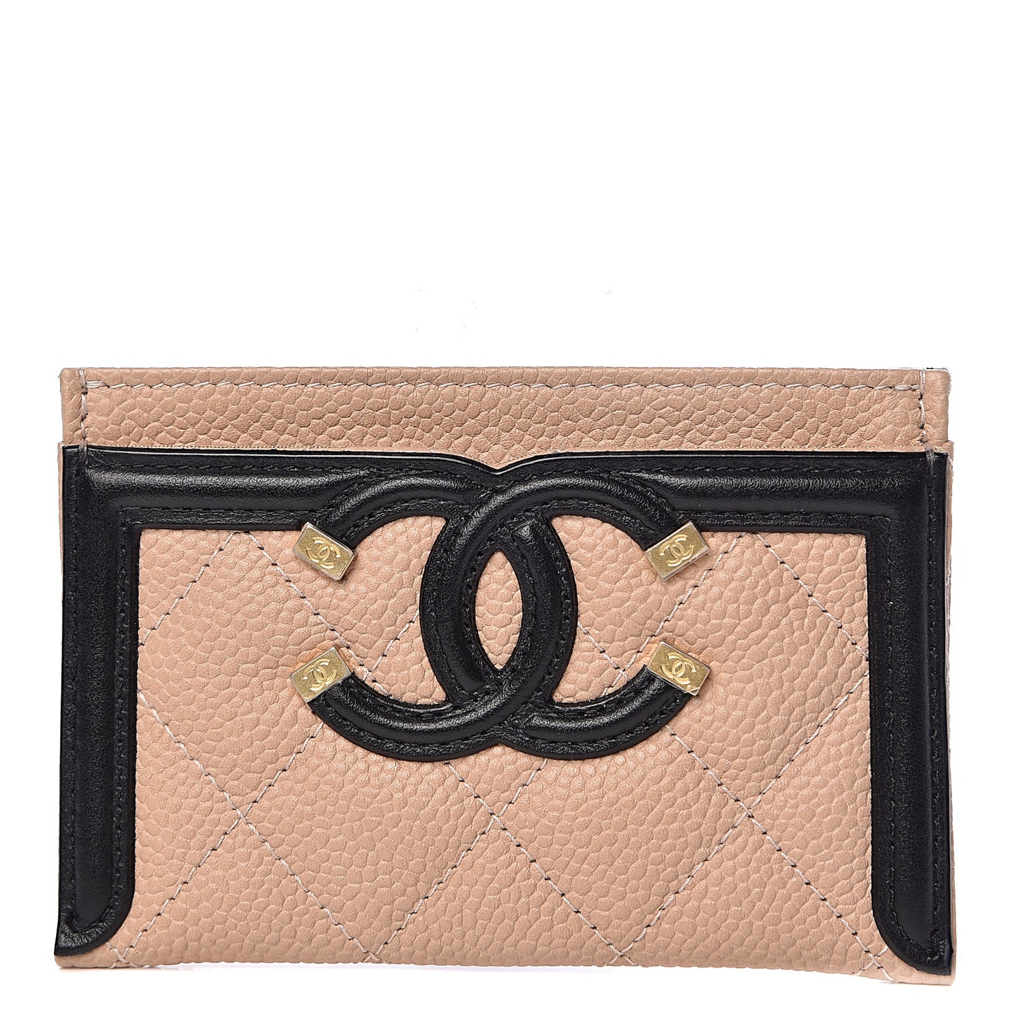 Caviar Quilted Filigree Card Holder Beige Black