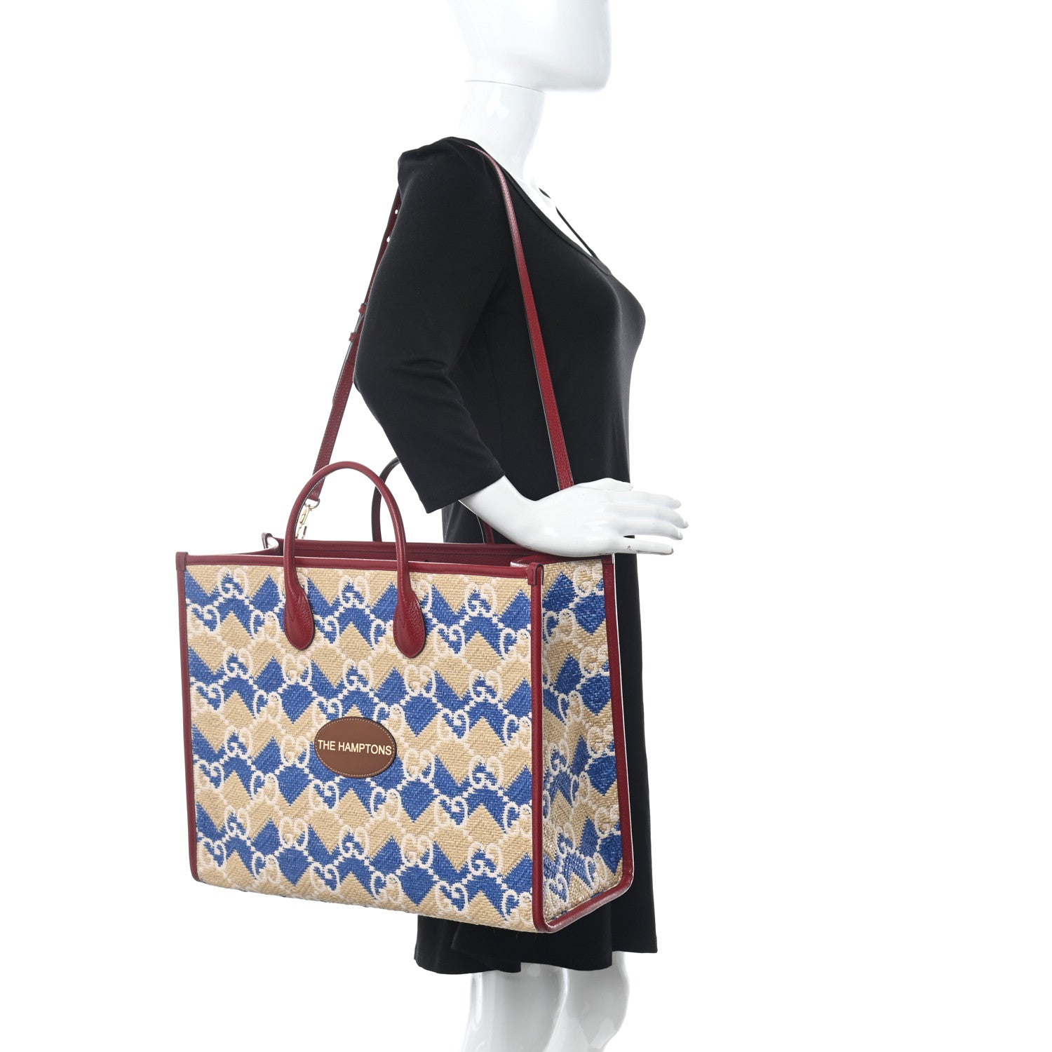 Gucci Raffia GG Monogram Hamptons Medium Tote Bag Beige Blue 3 of 10