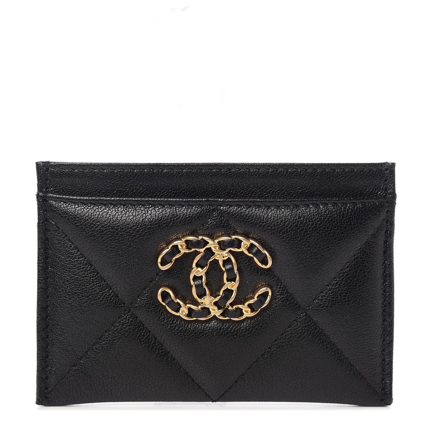Shiny Goatskin Quilted Chanel 19 Card Holder Black