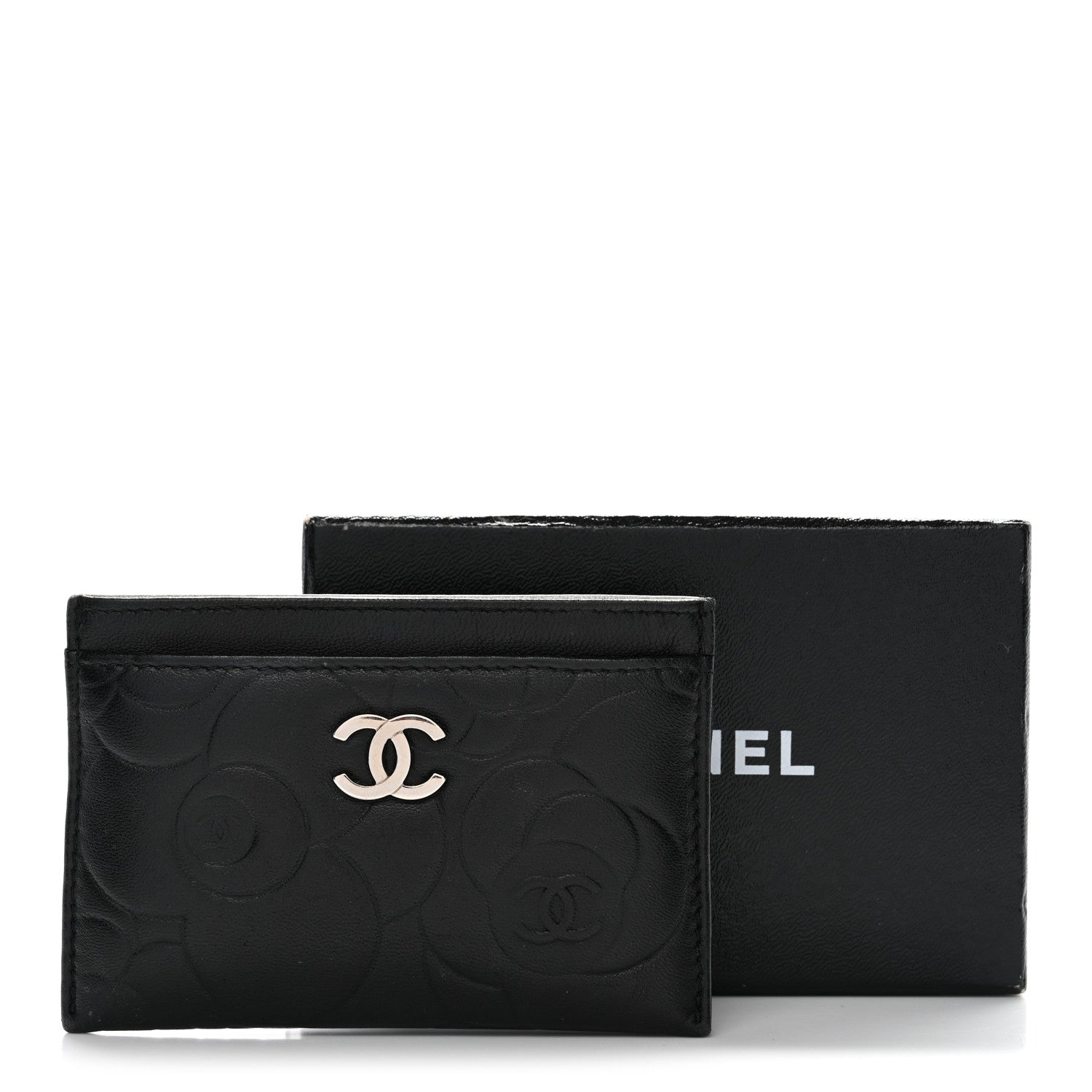 Chanel Lambskin Camellia Embossed Card Holder Black 1812331