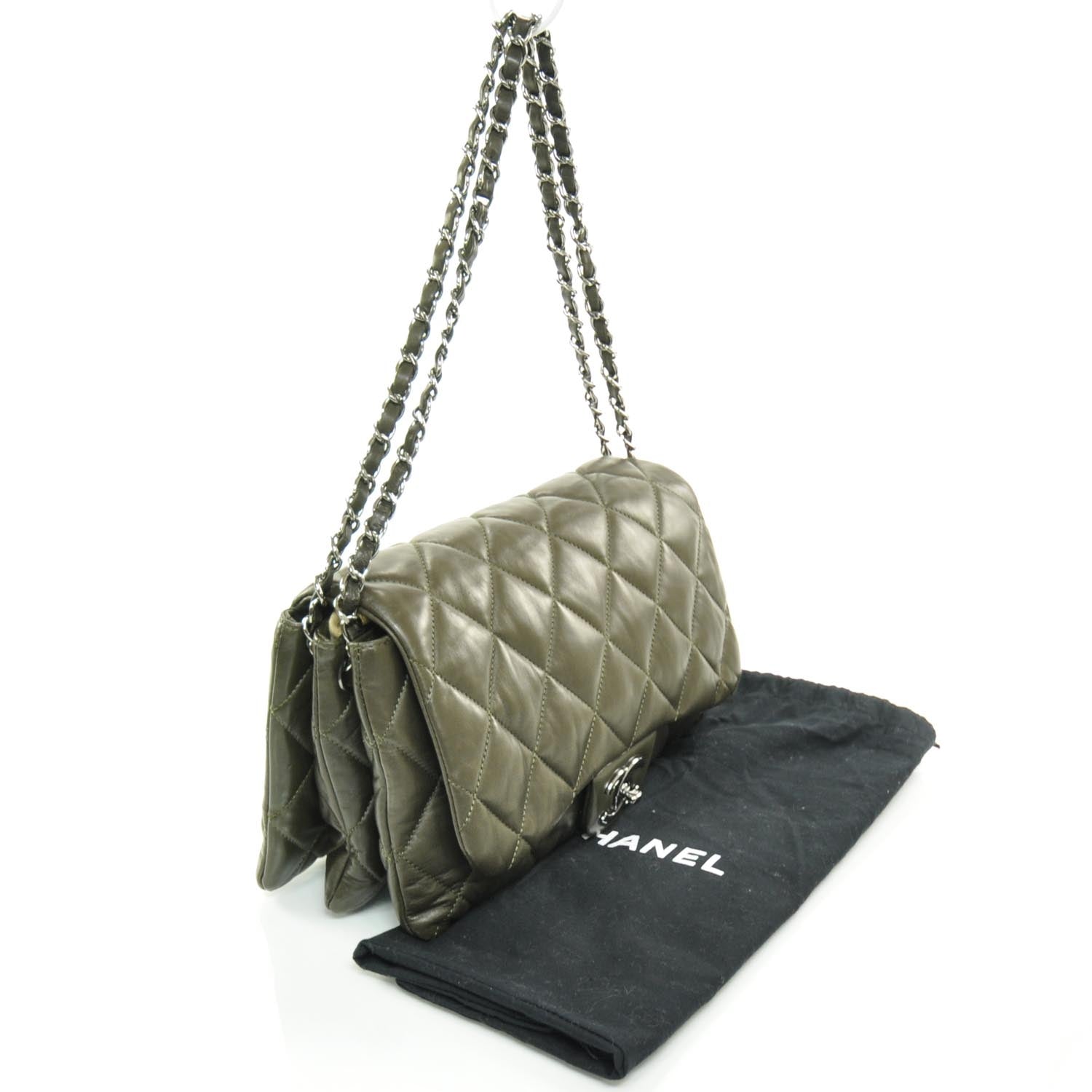 Chanel Lambskin Quilted 3 Flap Bag Dark Khaki 3 of 10