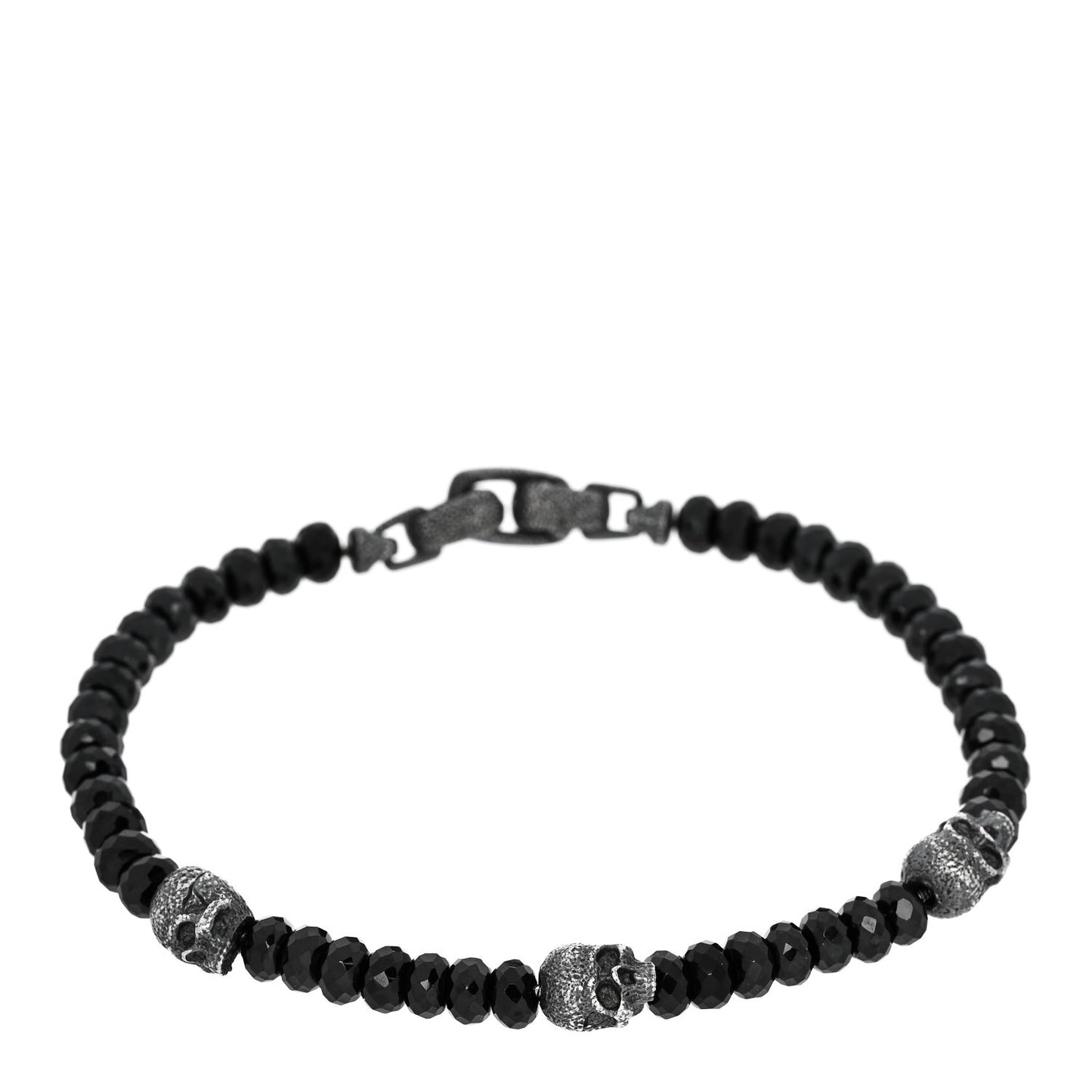 Sterling Silver Black Spinel 5mm Spiritual Beads Skull Station Bracelet