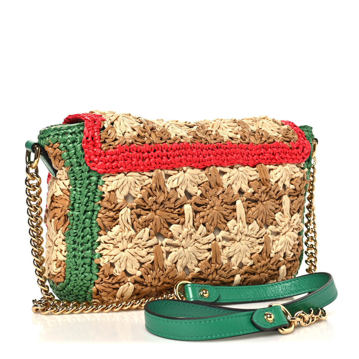 Raffia Azalea Calfskin Crochet Flower Small GG Marmont Shoulder Bag Natural Ecru Green Red New Shamarock