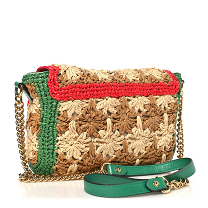 Gucci Raffia Azalea Calfskin Crochet Flower Small GG Marmont Shoulder Bag Natural Ecru Green Red New Shamarock 3 of 10