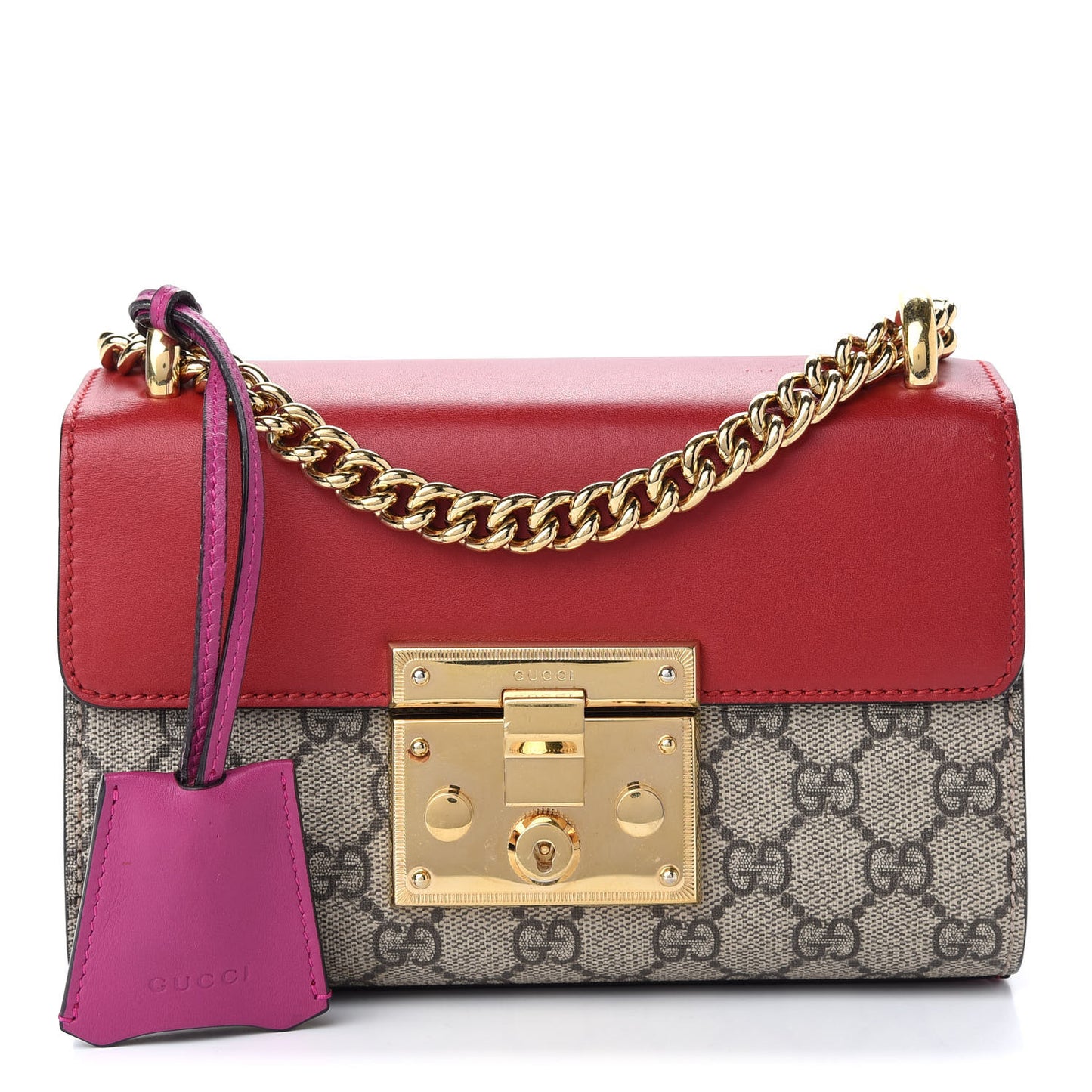 GG Supreme Monogram Calfskin Small Padlock Shoulder Bag Beige Hibiscus Red New Rosette