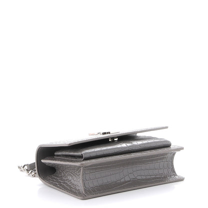 Saint Laurent Calfskin Crocodile Embossed Monogram Sunset Chain Wallet Fog 5 of 9