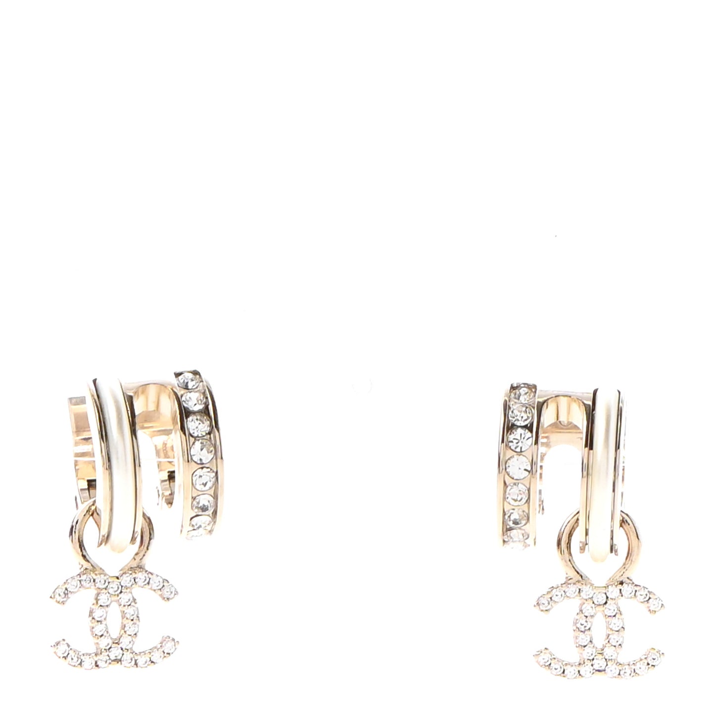 Crystal CC Hoop Drop Earrings Gold Pearly White