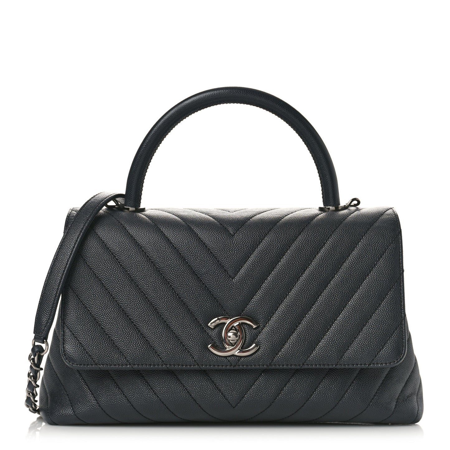Caviar Chevron Quilted Small Coco Handle Flap Dark Grey
