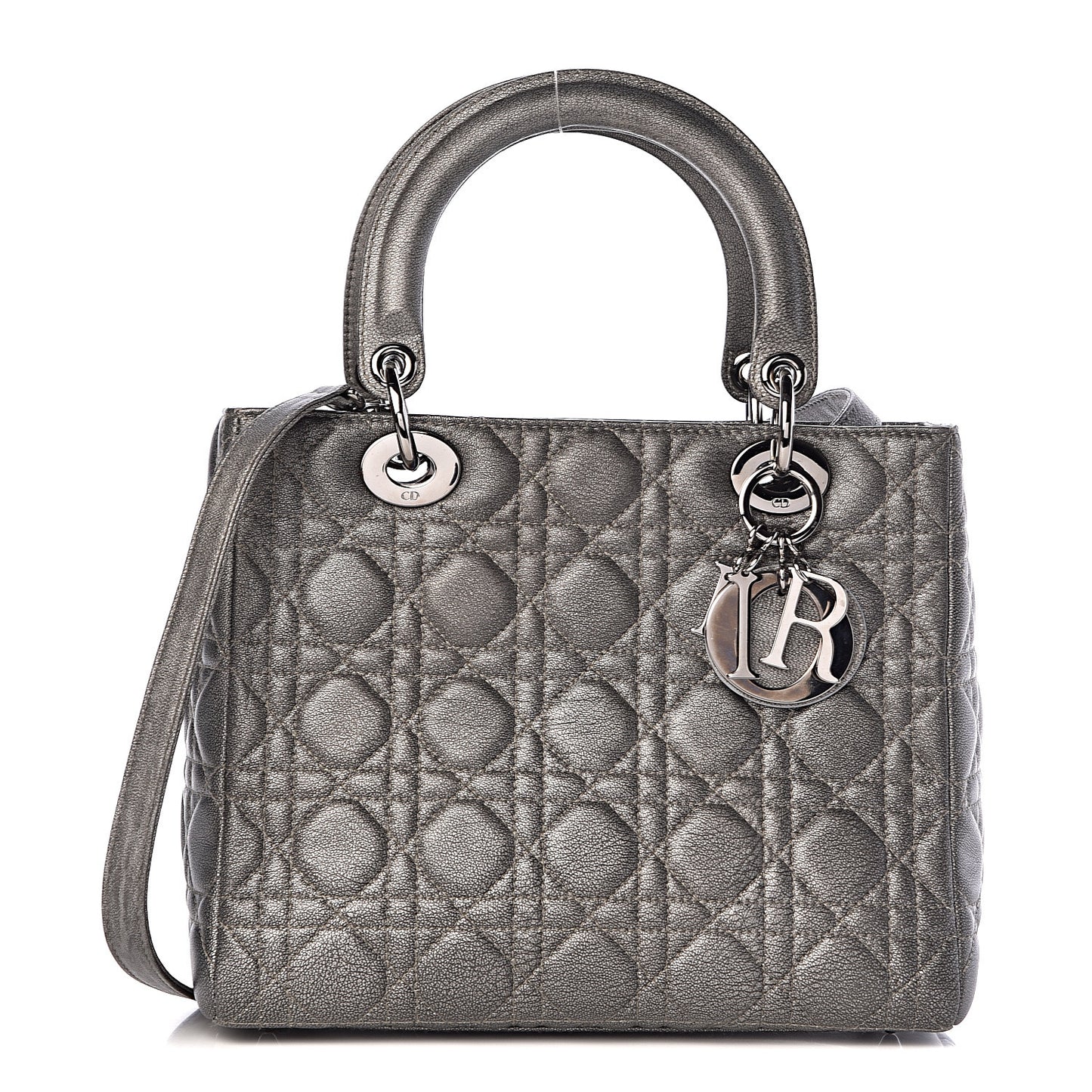 Metallic Lambskin Cannage Medium Lady Dior Gunmetal