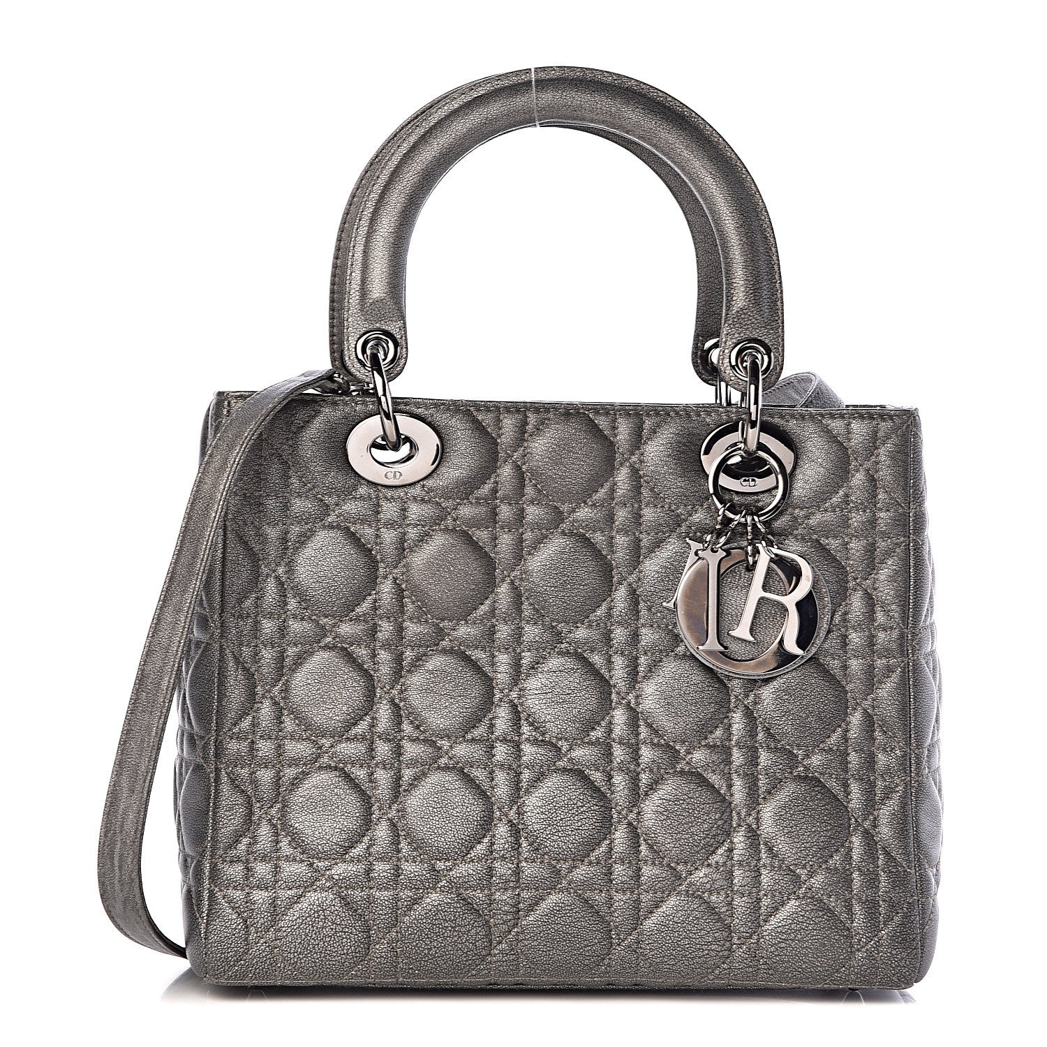 Christian Dior Metallic Lambskin Cannage Medium Lady Dior Gunmetal 1 of 15