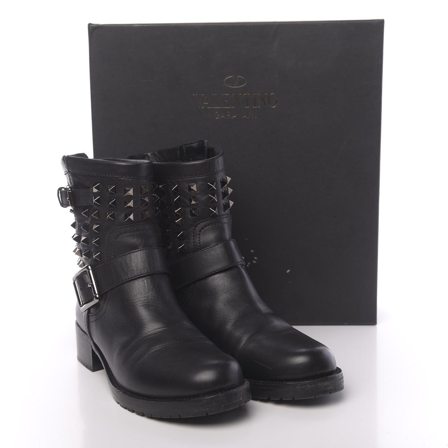 Calfskin Rockstud 30mm Biker Boots 38.5 Black
