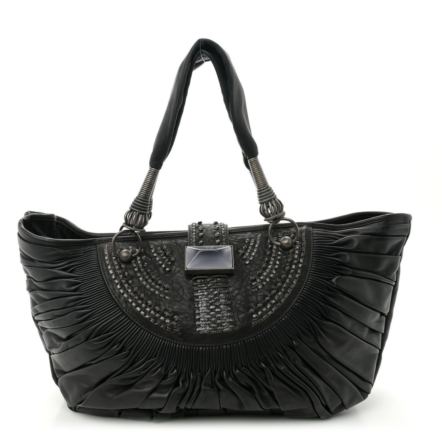Lambskin Plisse Pleated Basket Tote Bag Black