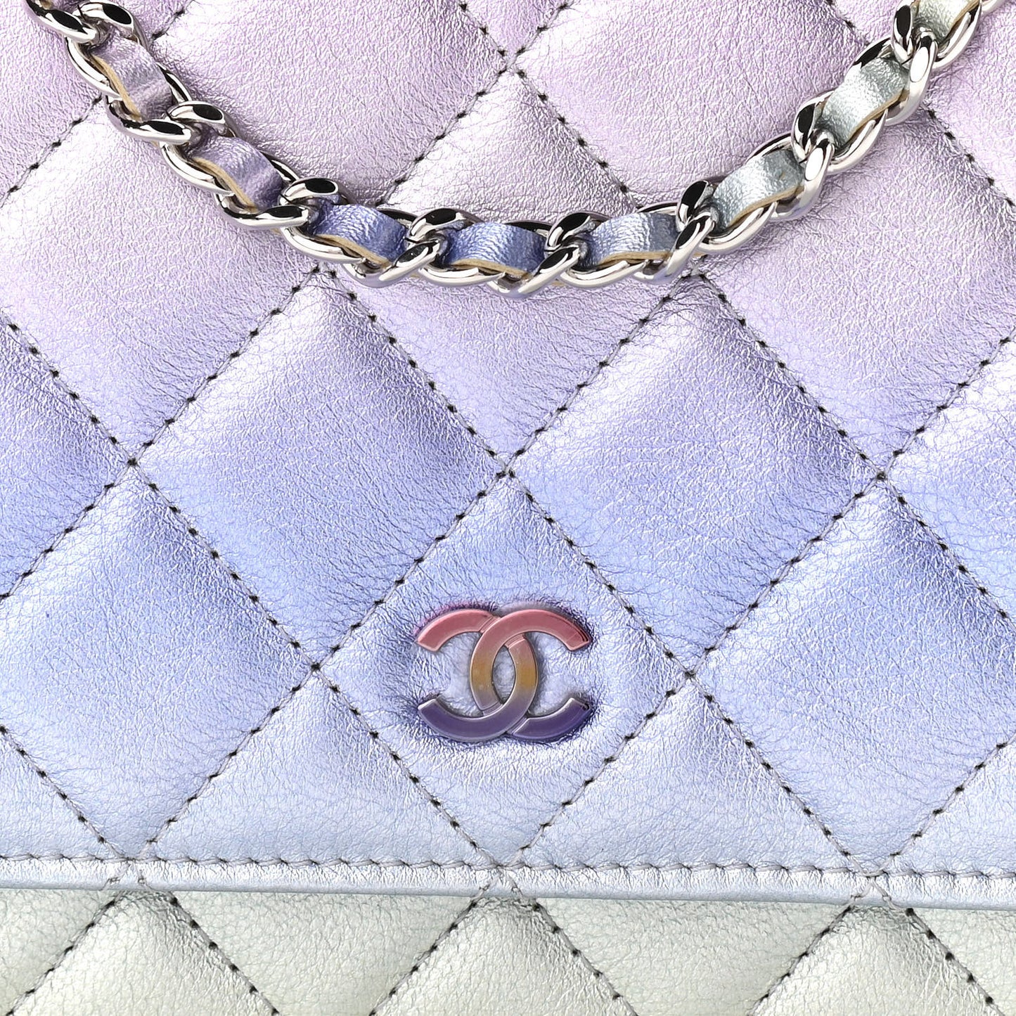 Gradient Metallic Calfskin Quilted Wallet On Chain WOC Silver Blue Yellow Purple