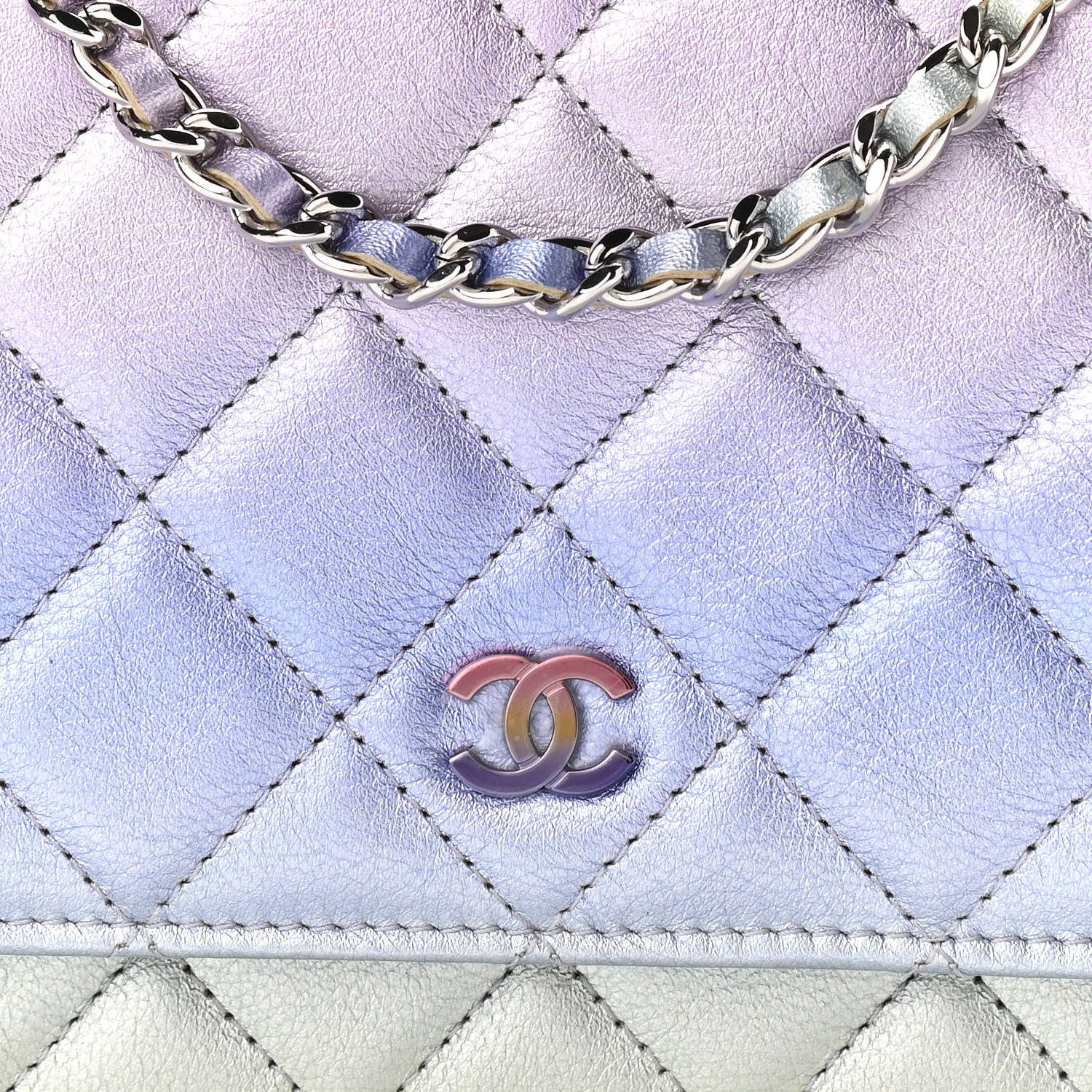 Chanel Gradient Metallic Calfskin Quilted Wallet On Chain WOC Silver Blue Yellow Purple 9 of 12