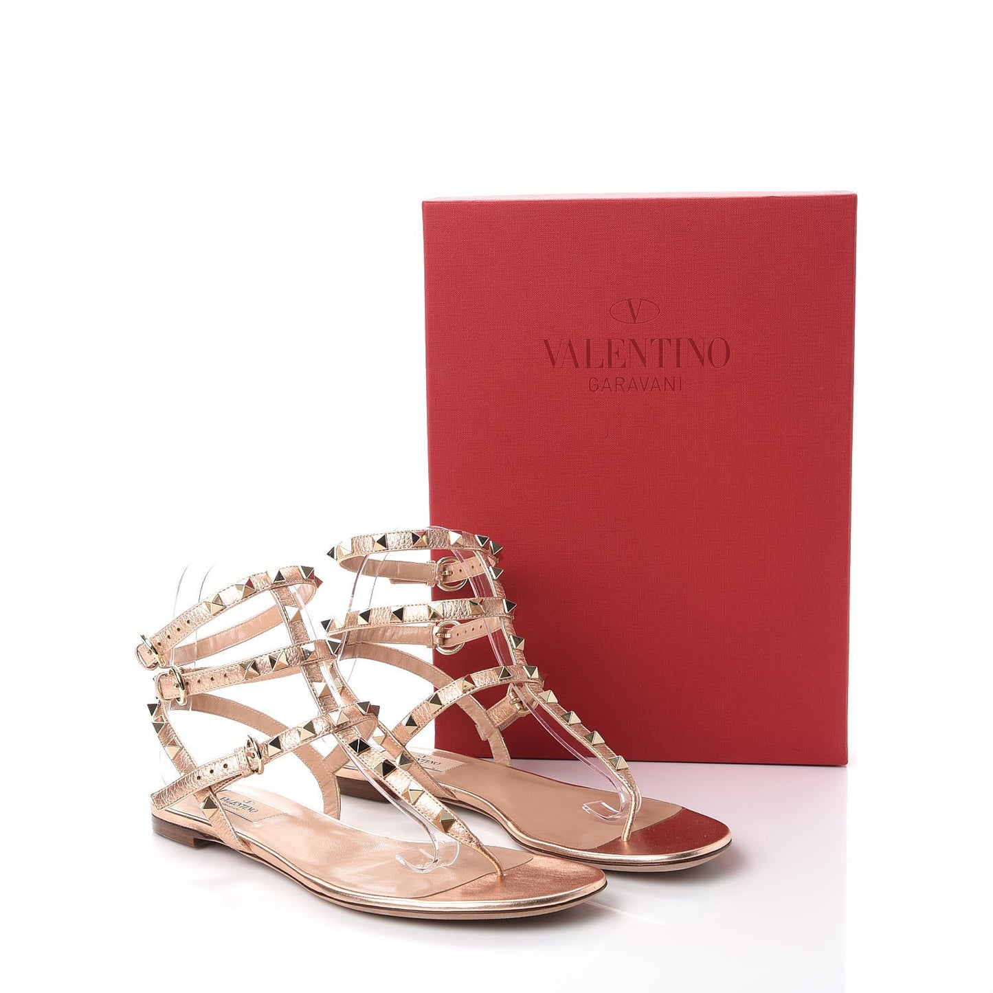 Metallic Grained Calfskin Rockstud Ankle Wrap Flat Thong Sandals 39 Rame