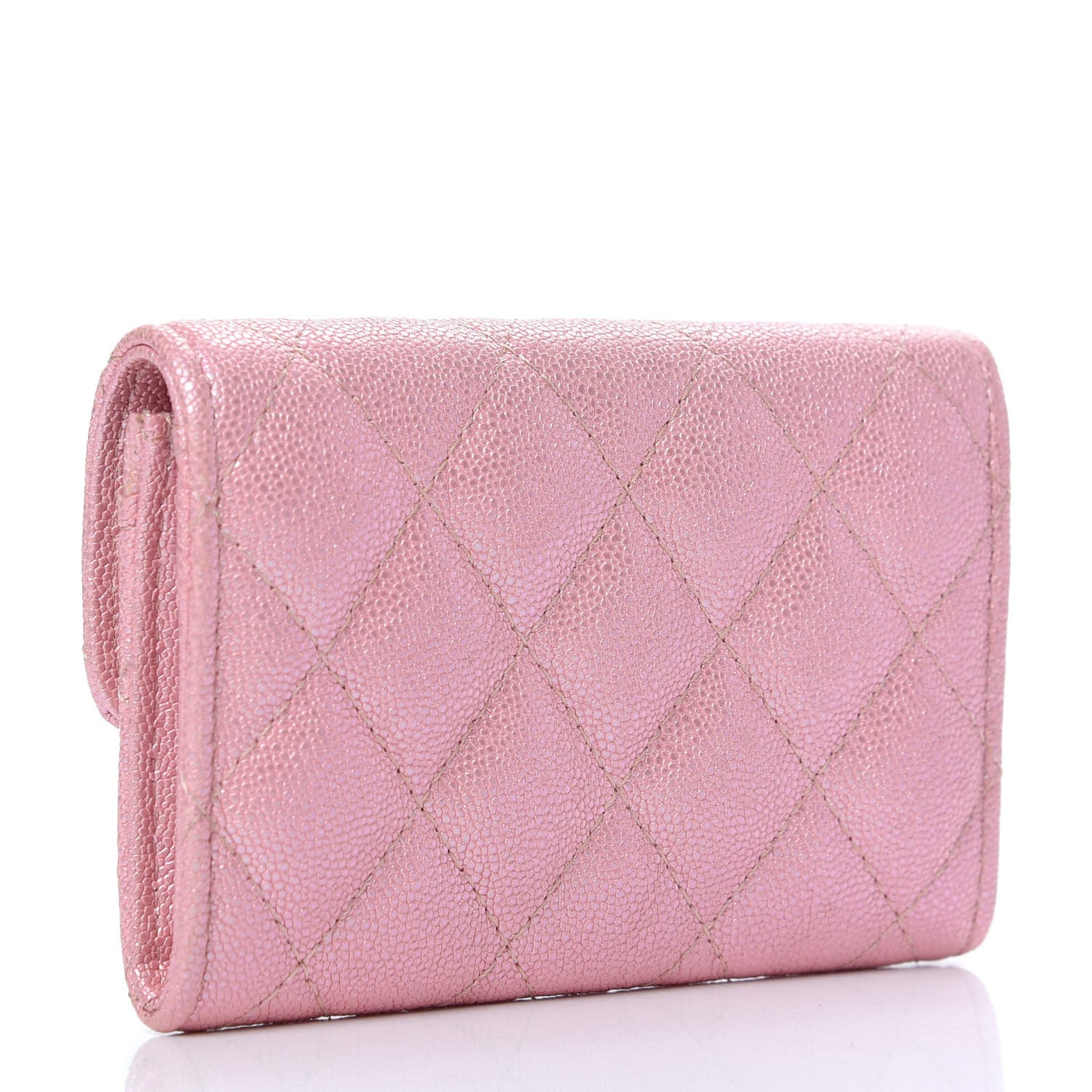 Iridescent Caviar Quilted Flap Card Holder Rose Pink