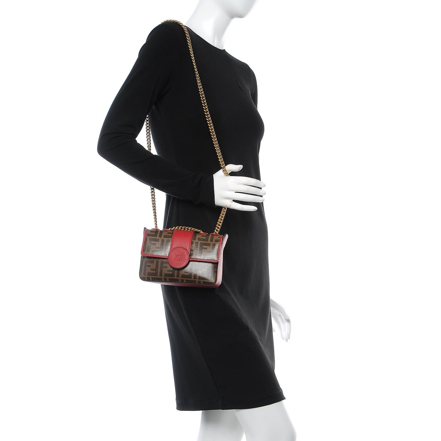 Glazed Fabric Vitello Century FF 1974 Stamp Patch Mini Double F Crossbody Bag Mogano Panna Fragola