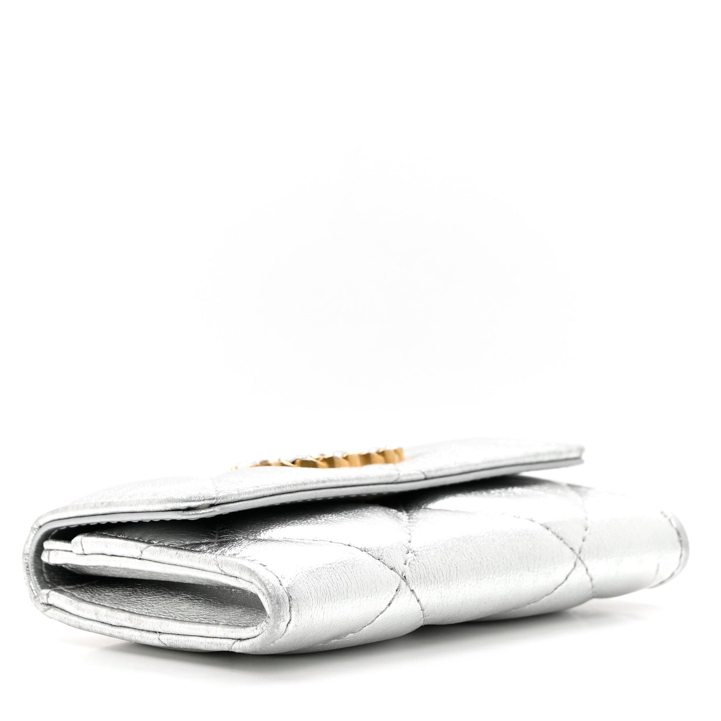 Metallic Goatskin Quilted Chanel 19 Flap Card Holder Silver