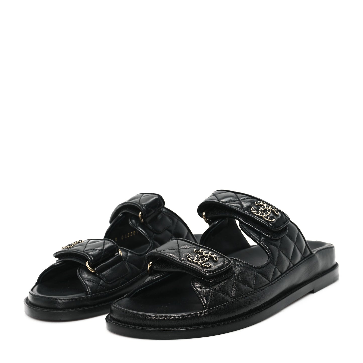 Lambskin Quilted Velcro Dad Chain CC Slide Sandals 37 Black
