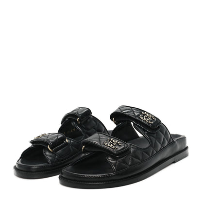 Chanel Lambskin Quilted Velcro Dad Chain CC Slide Sandals 37 Black 4 of 10