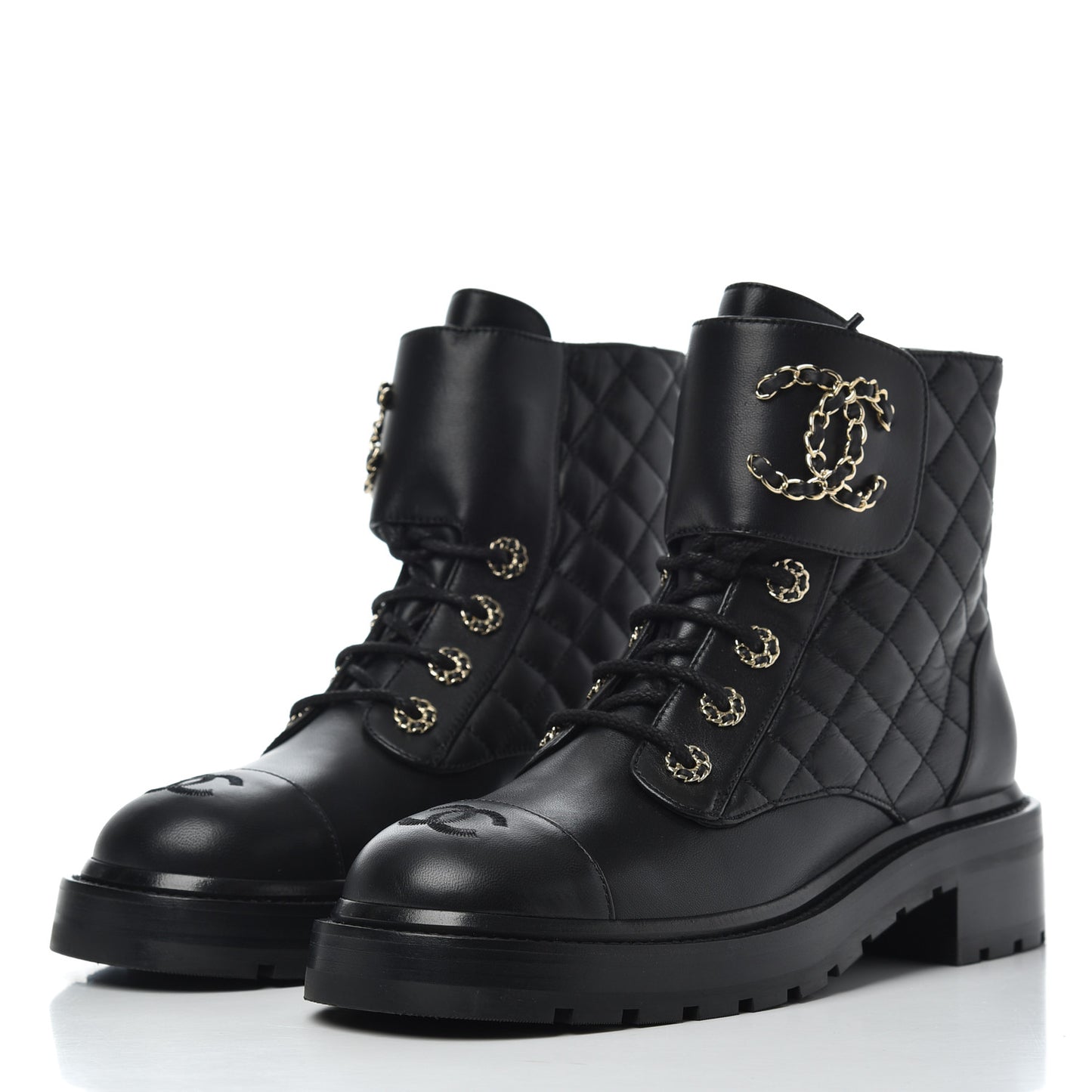 Shiny Lambskin Quilted Lace Up Combat Boots 38.5 Black