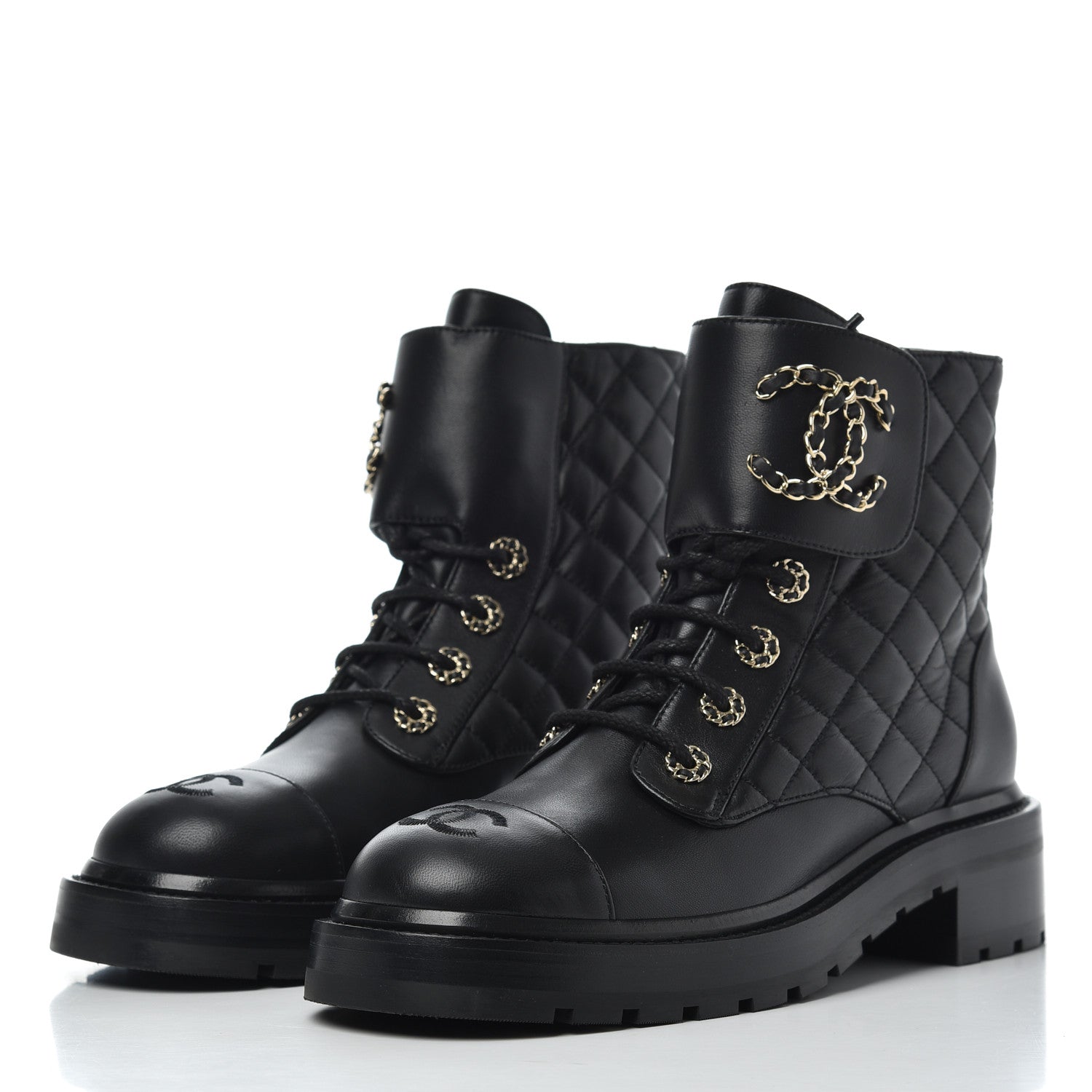 Chanel Shiny Lambskin Quilted Lace Up Combat Boots 38.5 Black 3 of 9