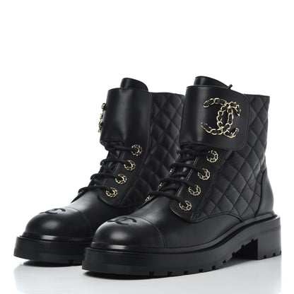 Chanel Shiny Lambskin Quilted Lace Up Combat Boots 38.5 Black 3 of 9