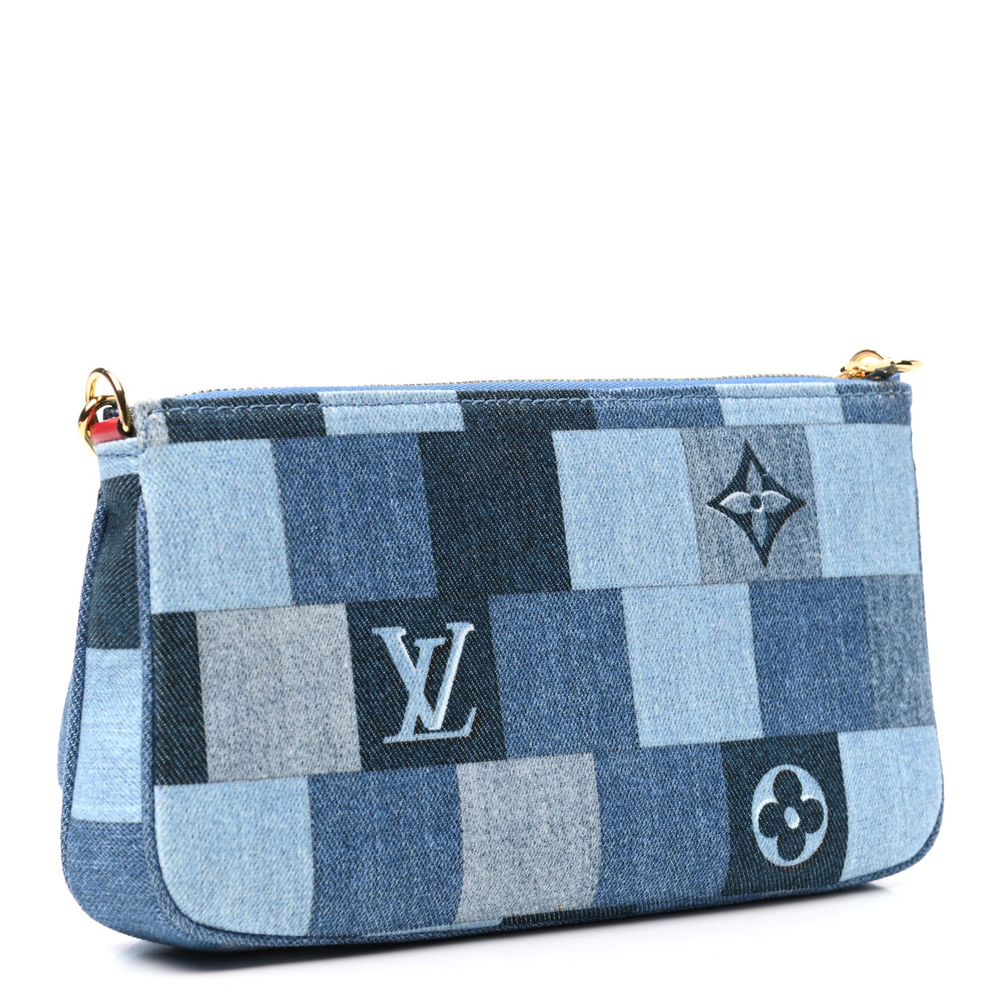 Denim Damier Monogram Patchwork Multi Pochette Accessories Blue Rouge