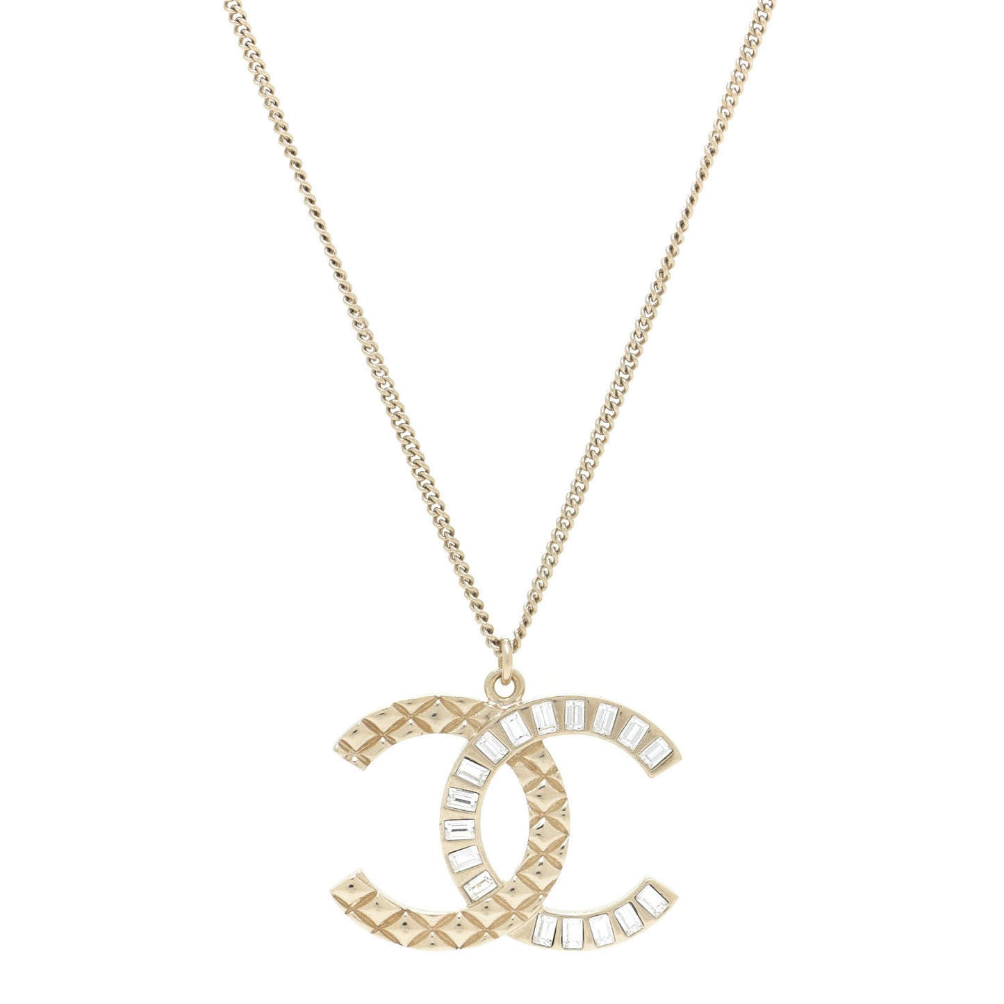 Baguette Crystal Quilted CC Pendant Necklace Gold