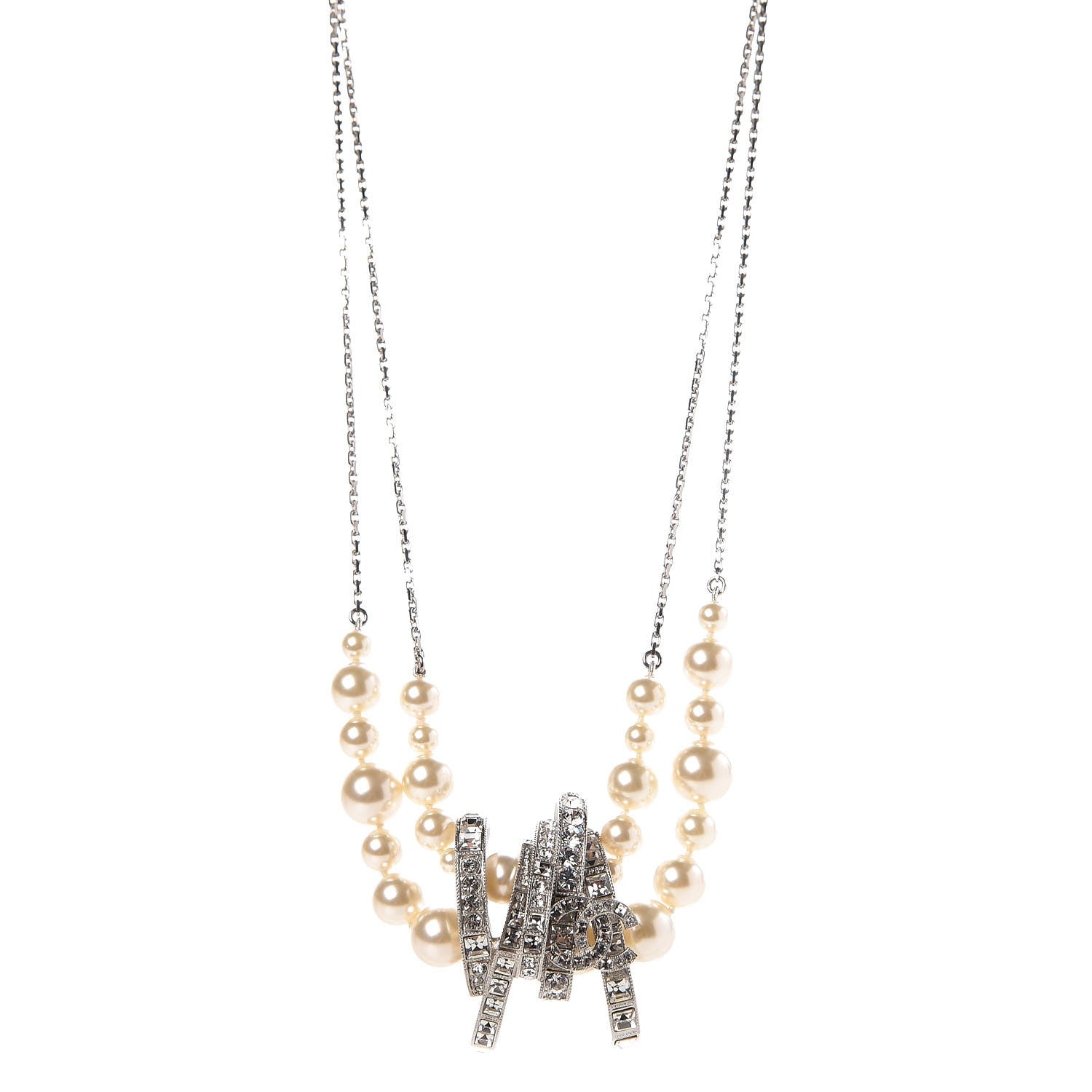 Chanel Pearl Crystal Baguette CC Double Strand Necklace Silver 1 of 5